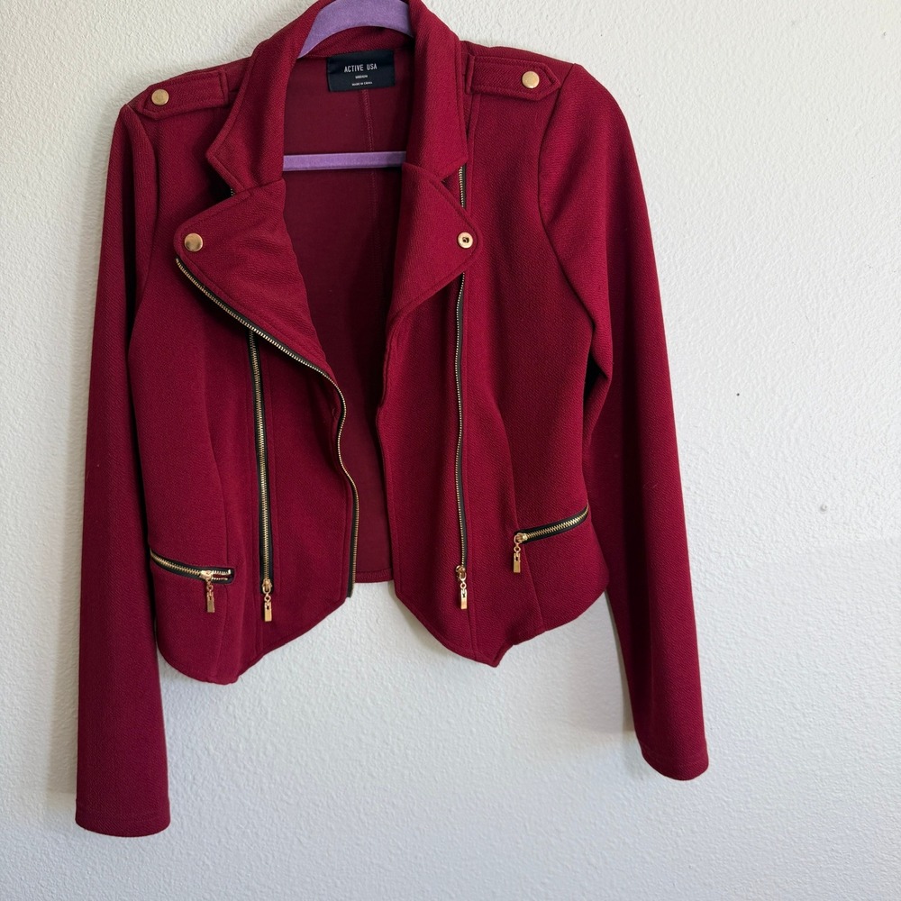 Active USA Womens Burgundy Moto Jacket Textured Gold Zip J9923 Medium